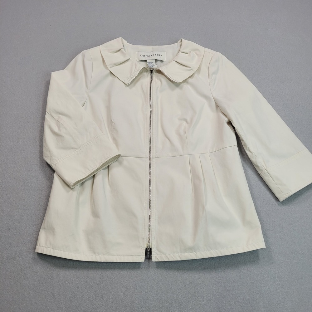 Doncaster Womens Cream Zip Up Ruffle Collar 3/4 Sleeve Jacketโ Size 10